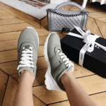 Chanel Khaki Calfskin/Fabric Sneakers
