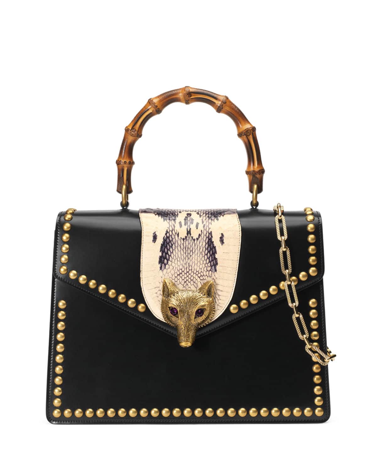 Gucci Black Studded Broche Bamboo Top Handle Bag