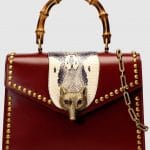Gucci Red Studded Broche Bamboo Top Handle Bag
