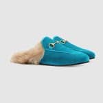 Gucci Cyan Princetown Fur Trimmed Velvet Slipper