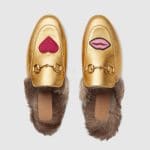 Gucci Metallic Gold Princetown Heart/Mouth Embroidered Slipper