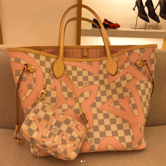 🌺😳 Authen LOUIS VUITTON Damier Azur TAHITIENNE Rose NEVERFULL MM+ POCHETTE