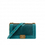 Chanel Dark Turquoise Chevron Velvet Boy Chanel Old Medium Flap Bag