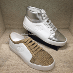 Chanel White/Beige/Gold Calfskin/Tweed and White/Silver High Cut Sneakers