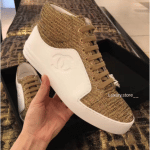 Chanel White/Beige/Gold Calfskin/Tweed High Cut Sneakers