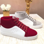 Chanel White/Red and Gray Calfskin/Velvet High Cut Sneakers
