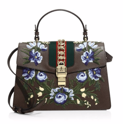 Gucci Sylvie Floral-Embroidered Leather Top Handle Bag