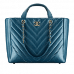 Chanel Blue Metallic Calfskin Chevron Statement Large Shopping Bag