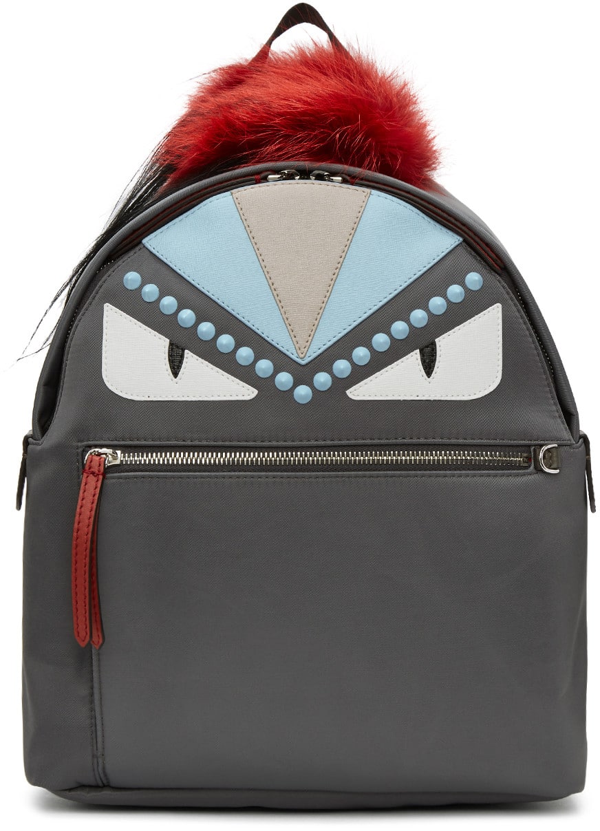 Fendi Grey Nylon and Fur Bag Bugs Backpack