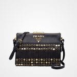 Prada Black Studded and Fringed Saffiano Light Frame Shoulder Bag