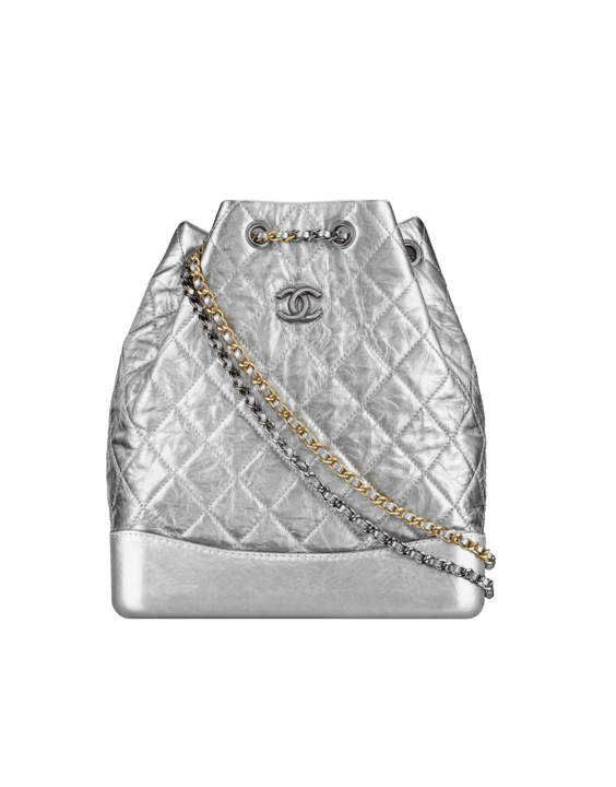 bag, chanel gabrielle backpack, backpack, metallic, silver, ring, skirt,  accessory, chanel bag, chanel - Wheretoget