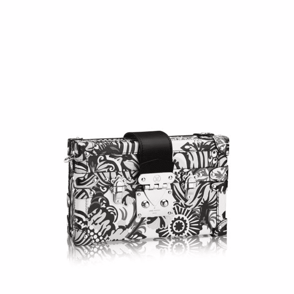 Louis Vuitton Black and White Floral Printed Embossed Calfskin Petite Malle Silver Hardware, 2017 (Like New), Grey/White Womens Handbag