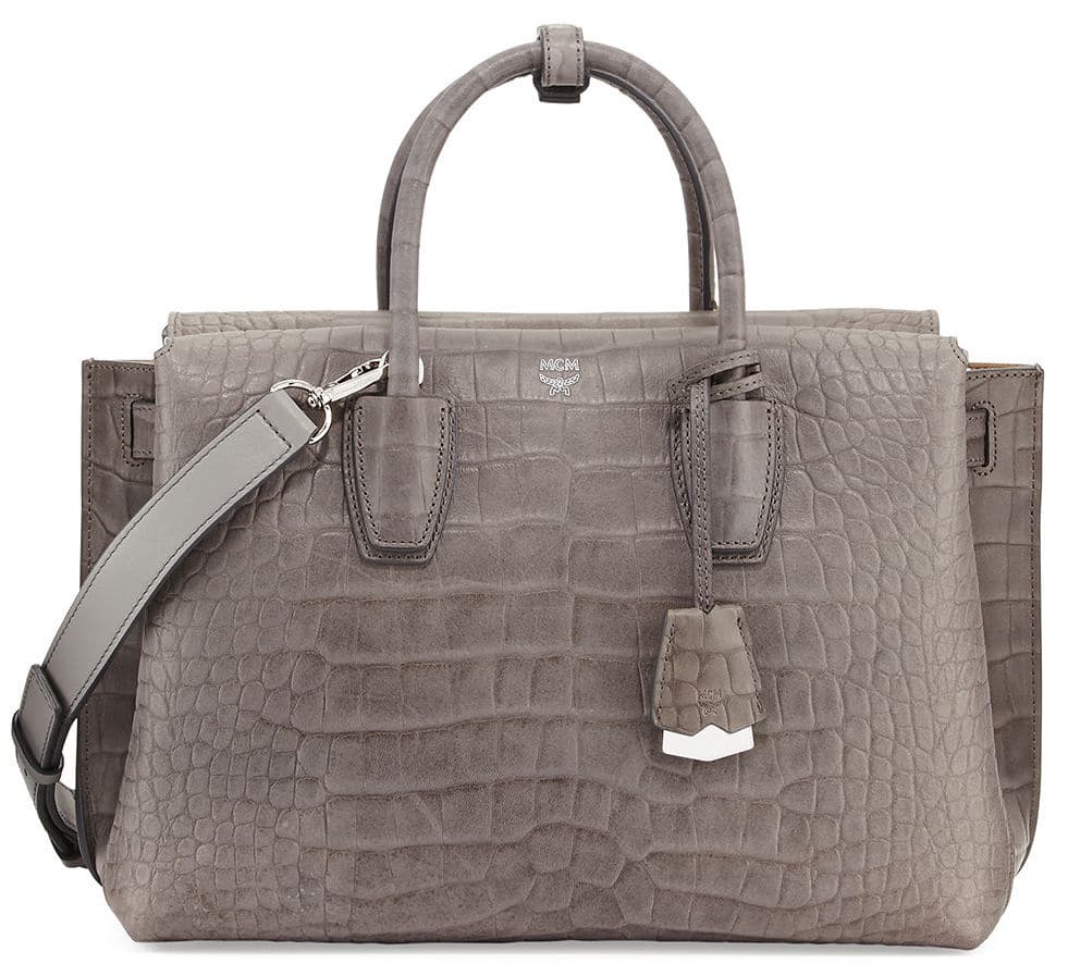 MCM Gray Crocodile-Embossed Mila Medium Tote Bag