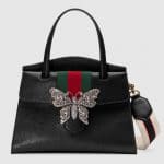 Gucci Black Leather with Butterfly GucciTotem Medium Top Handle Bag