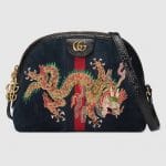 Gucci Blue Suede Dragon Embroidered Ophidia Domed Shape Shoulder Bag