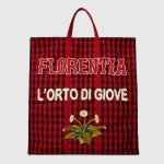 Gucci Red Embroidered Check Fabric Tote Bag