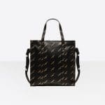 Balenciaga Black All Over Logo Stamped Calfskin Bazar Shopper S Bag