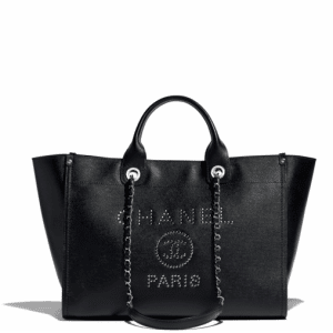 Chanel Black Studded Calfskin Deauville Medium Shopping Bag