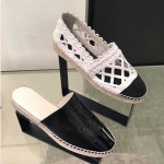 Chanel White/Black Fabric/Grosgrain Perforated Espadrilles and Black Espadrille Slides