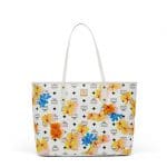 MCM White Floral Print Visetos Essential Top Zip Shopper Bag