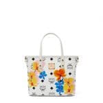 MCM White Floral Print Visetos Mini Essential Top Zip Shopper Bag