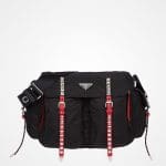 Prada Black/Fire Engine Red Nylon Shoulder Bag with Canvas Strap