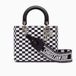 Dior Black/White Checkered Print Lady Dior Bag with Embroidered Canvas Strap