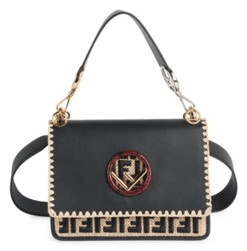 Fendi Raffia Embroidered Kan I F Leather Shoulder Bag