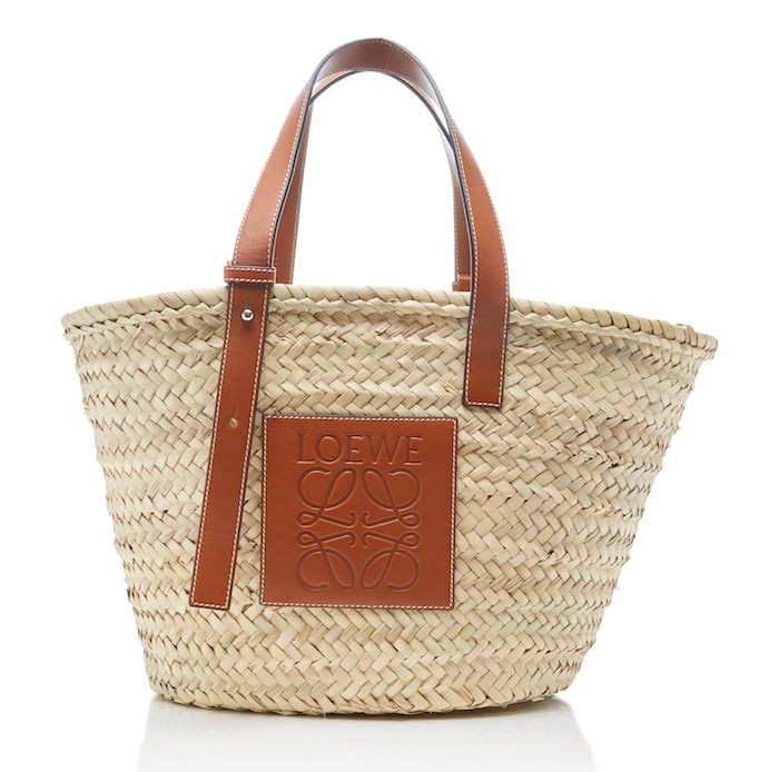 Loewe Leather-Trimmed Woven Raffia Basket Bag
