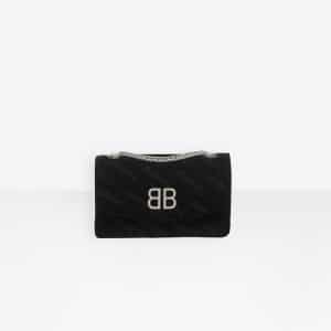 Balenciaga Black Quilted Velvet BB Chain Wallet Bag