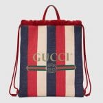 Gucci Red Sylvie Stripe Canvas Medium Drawstring Backpack Bag