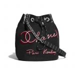 Chanel Black/Red Embroidered Wool and Calfskin Drawstring Bag
