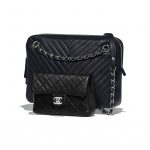 Chanel Navy Blue/Black Quilted:Chevron Calfskin Camera Case Bag