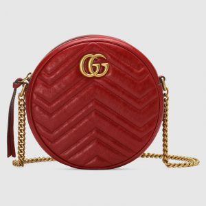 Gucci Hibiscus Red Matelassé Chevron GG Marmont Mini Round Shoulder Bag