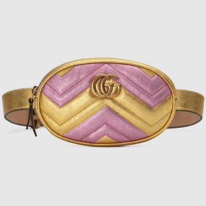Gucci Pink/Gold Metallic Matelassé Chevron GG Marmont Belt Bag