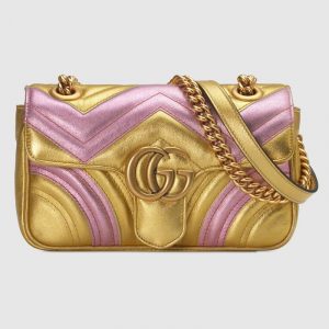 Gucci Pink/Gold Metallic Matelassé Chevron GG Marmont Mini Shoulder Bag