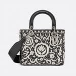 Dior Black/Off-White Leather Floral Embroidered Lady Dior Bag