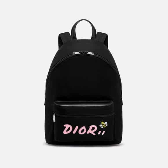 dior x kaws black nylon pouch with pink dior logo
