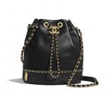 Chanel Black Lambskin:Grained Calfskin Drawstring Bag