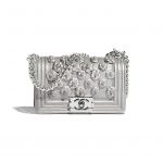 Chanel Silver Camellia Embroidered Metallic Grained Calfskin Boy Chanel Small Flap Bag