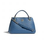 Chanel Blue Grained Calfskin Chevron Small Zipped Shopping Bag