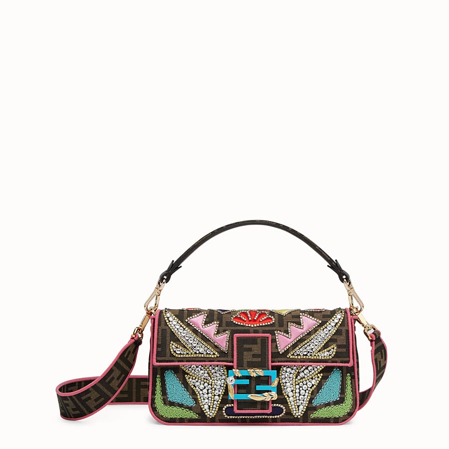 FENDI: Baguette bag in canvas with embroidered multicolor FF monogram -  Multicolor