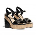 Chanel Black Lambskin Wedge Sandals