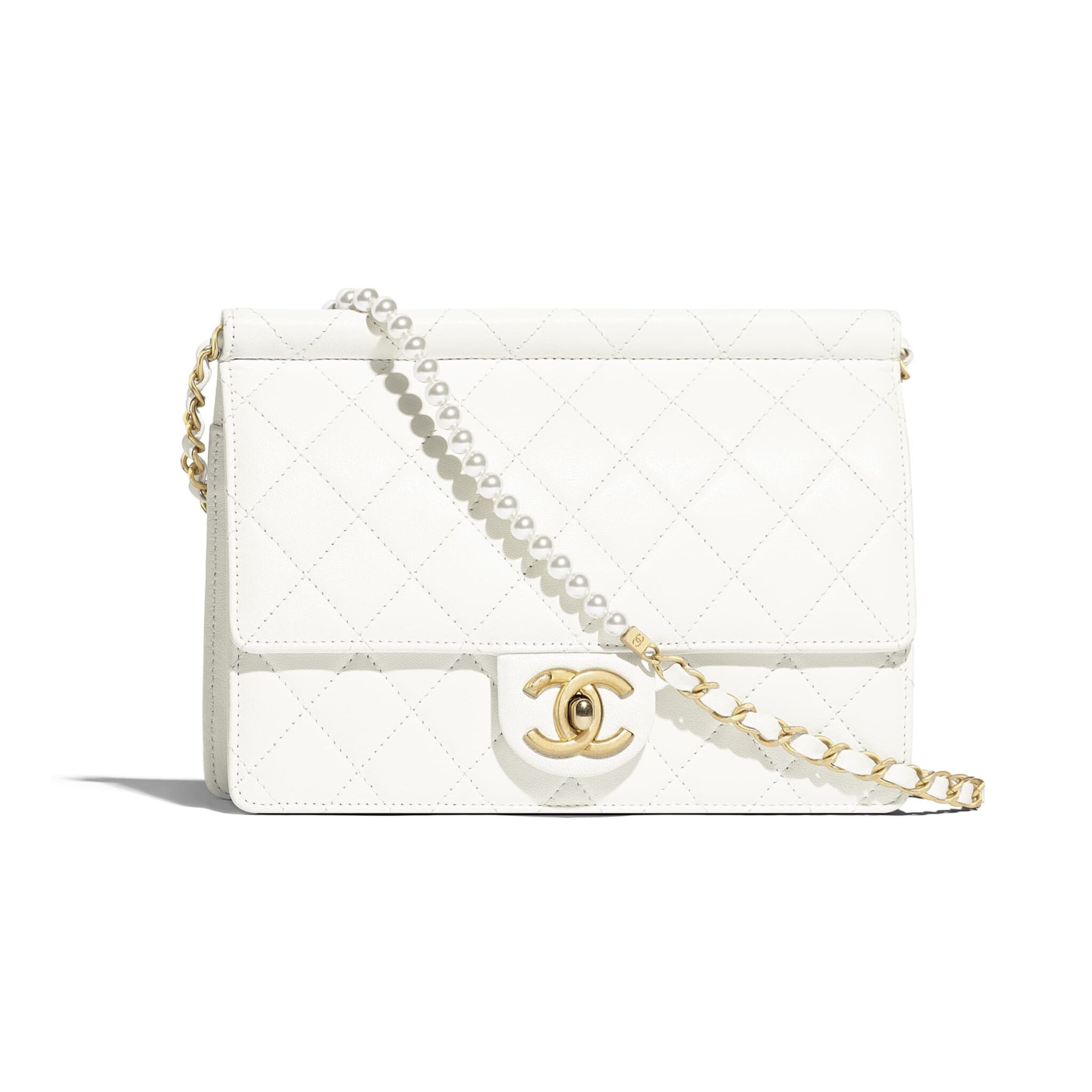 Chanel Pearl Logo Strap Flap Bag White – STYLISHTOP