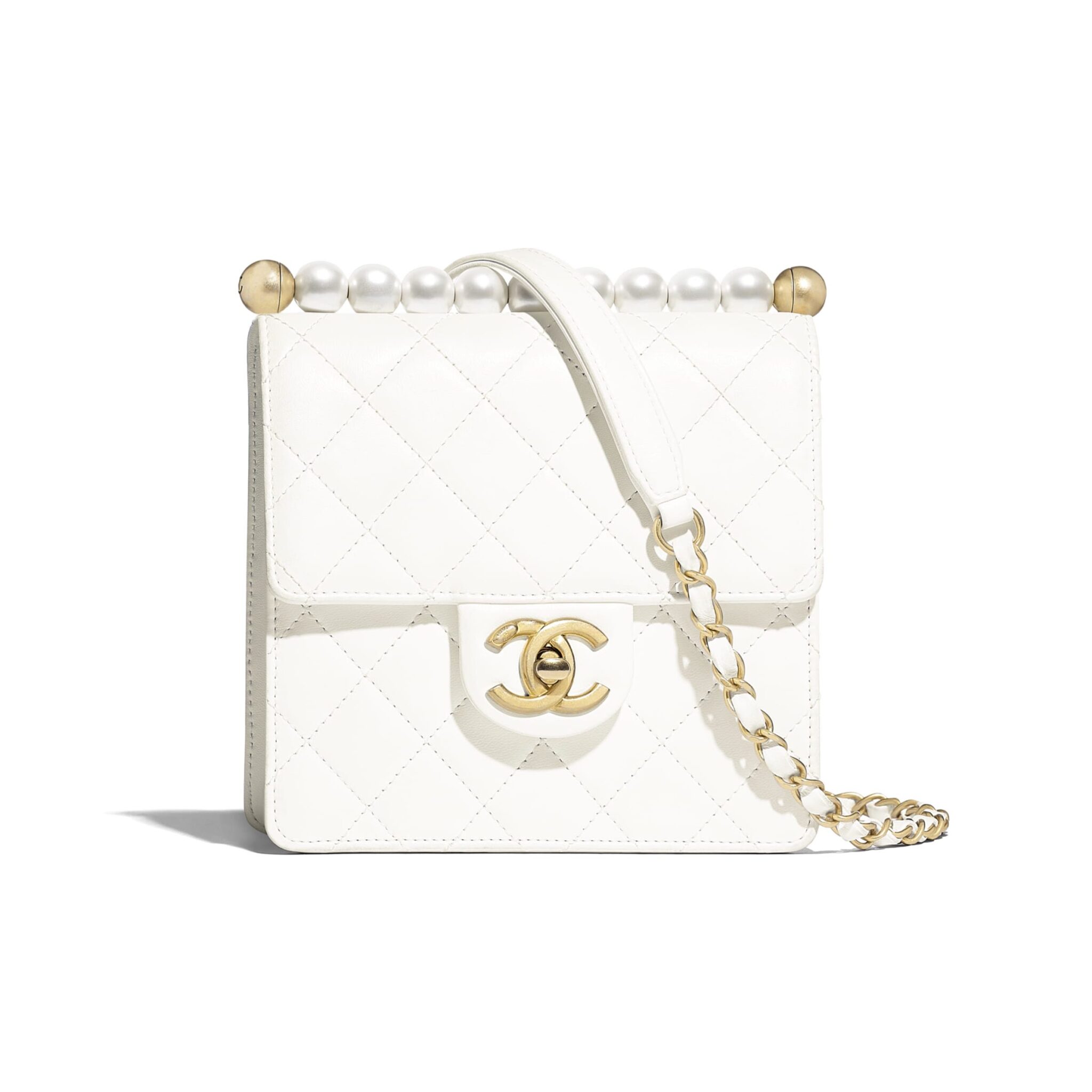 Chanel Pearl Mini Flap Bag Satin White Black in Imitation Pearls/Lambskin  with Gold-tone - US