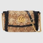 Gucci Beige/Black Floral Raffia GG Marmont Small Shoulder Bag