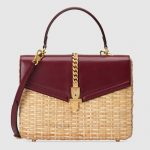 Gucci Beige/Burgundy Wicker Sylvie Small Top Handle Bag
