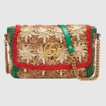 Gucci Beige/Green Floral Raffia GG Marmont Small Shoulder Bag