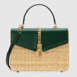 Gucci Beige/Green Wicker Sylvie Small Top Handle Bag