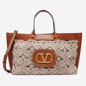 Valentino Brown Cowhide:Macramé VLogo Escape Shopper Bag